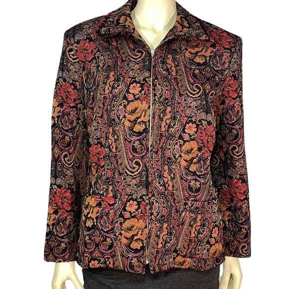 3-FOR-$30 Requirements Sz 16 Paisley Tapestry Jacket Zip-Up Collar has Fringe - Picture 3 of 12